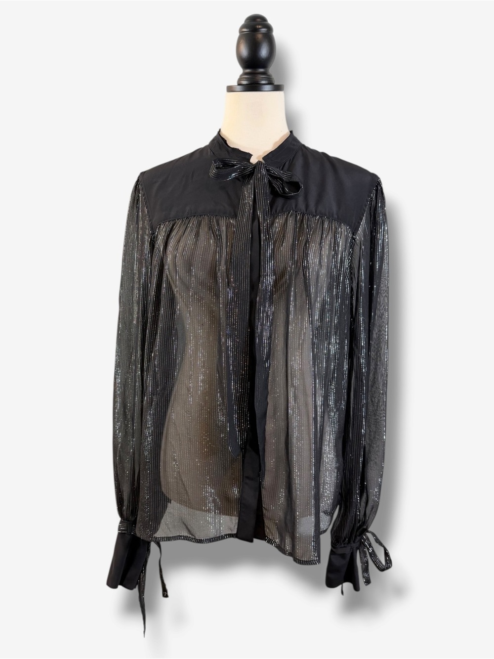 GM Studio Black Metallic Stripe Silk Tie Neck Blouse Size S Statement Cuffs